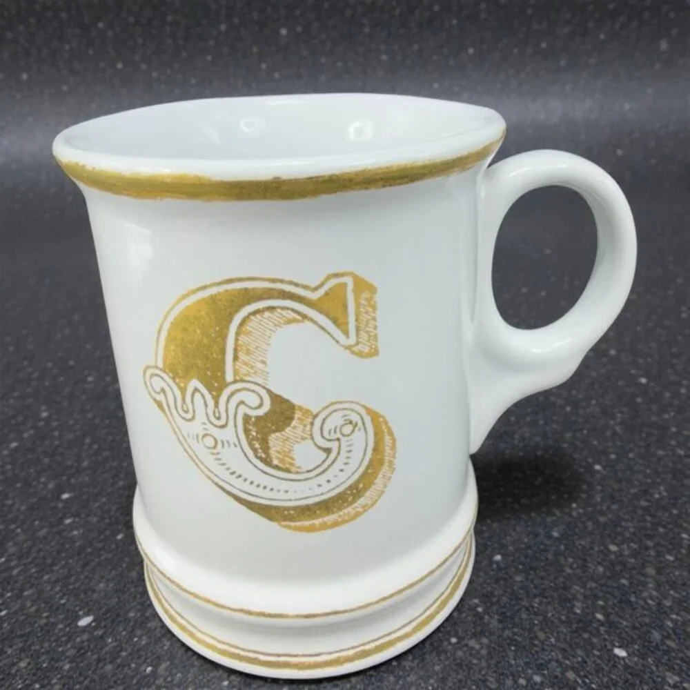 Williams Sonoma Brushed Gold Monogram Letter C Ceramic White Gold Coffee Mug Cup